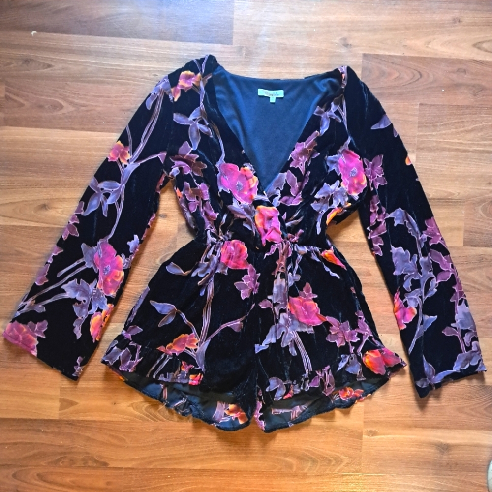Black Velvet Magenta Pink Floral Blossom Burnout Velvet Flare Sleeve Playsuit